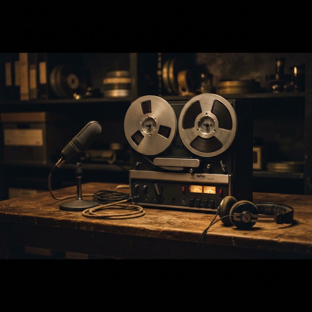A reel-to-reel tape recorder, vintage ribbon microphone, and headphones in a dim recording environment.