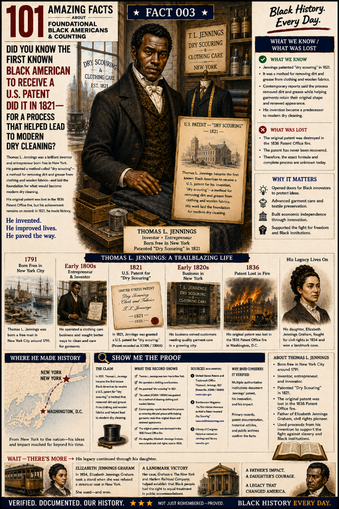 Illustrated historical poster depicting Black American inventor Thomas L. Jennings in an early nineteenth-century New York clothing-care setting, highlighting his 1821 patent for dry scouring and its place in the history of modern dry cleaning.