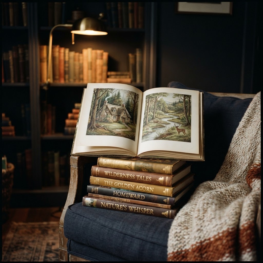 Beautiful illustrated children’s picture books in a warm reading nook.