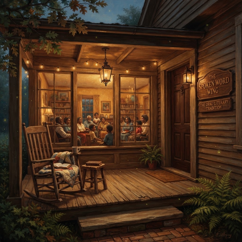 The Porch at Dusk — an intimate twilight scene welcoming visitors to The Spoken Word Wing. A weathered wooden porch beneath hanging lantern light, an empty rocking chair and a small stool beside it, suggesting the place where stories pass from elder to child. Beyond the porch, the soft golden glow of a gathered community is visible through warm windows. Fireflies drift in the humid evening air. Deep amber and rich brown tones, painterly cinematic atmosphere, no microphones or modern technology — a sense of living memory, intergenerational transmission, and the threshold between the spoken and the remembered.