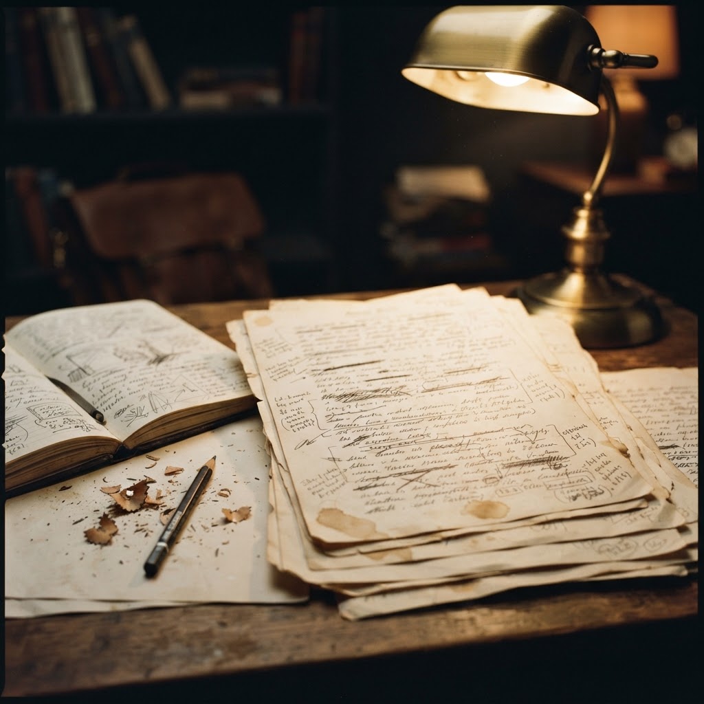 Manuscript draft pages with crossed-out lines, marginalia, and a writer’s notebook.