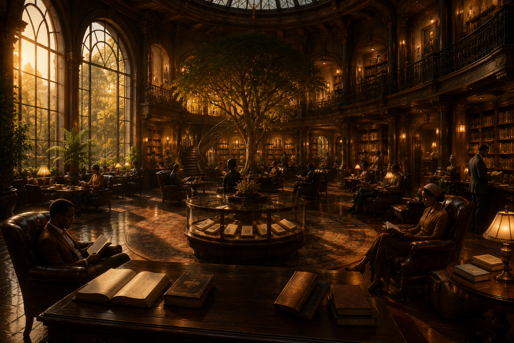 A warm, cinematic literary sanctuary dedicated to Black American poetry — a mature central tree rises through the heart of the hall, monumental arched windows pour golden afternoon light across elegant reading areas with leather chairs and softly glowing lamps, quiet visitors read and reflect, and soaring bookshelves with graceful balconies line the curved walls.