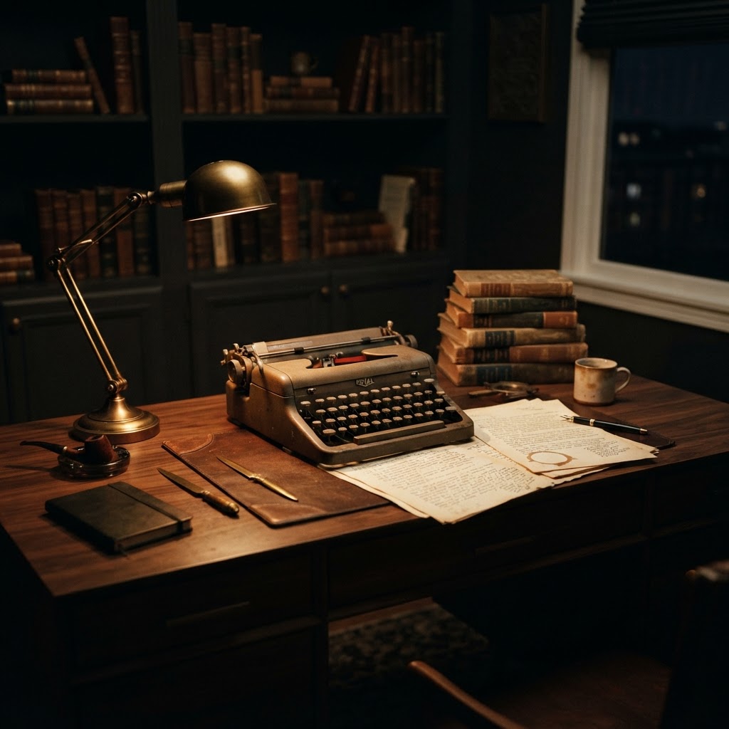 A mid-century writer’s desk with typewriter, annotated pages, and a brass desk lamp.