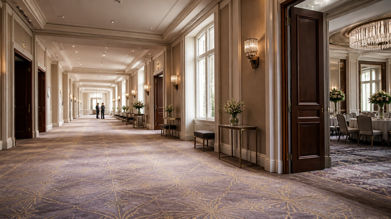 Event venue corridor opening into a banquet hall