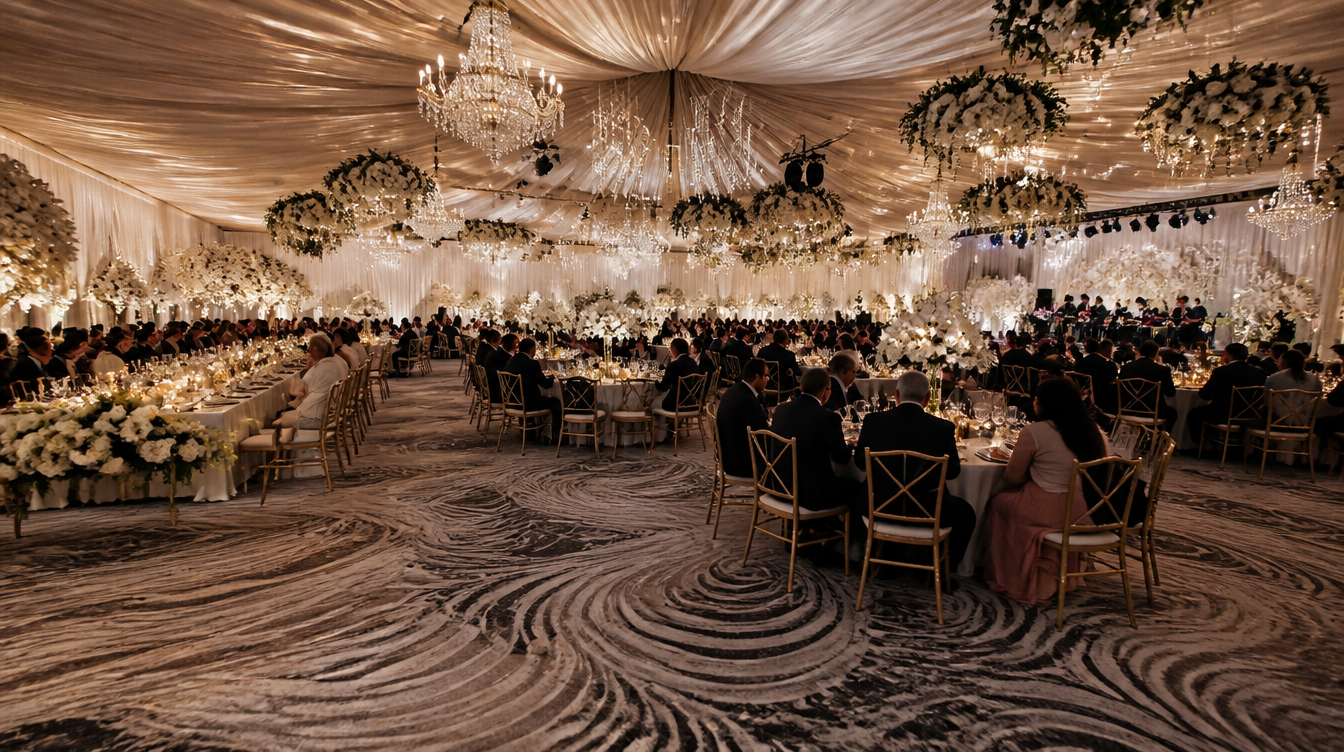 Grand hotel ballroom with patterned carpet and chandeliers