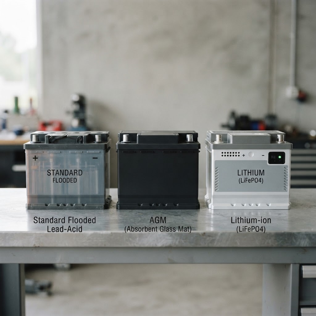 Comparison of standard flooded, AGM and lithium automotive batteries