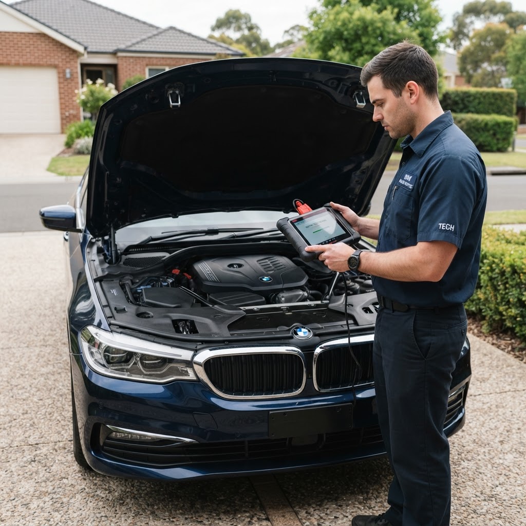 Mobile battery technician registering a BMW battery with a professional diagnostic scanner at the customer's location