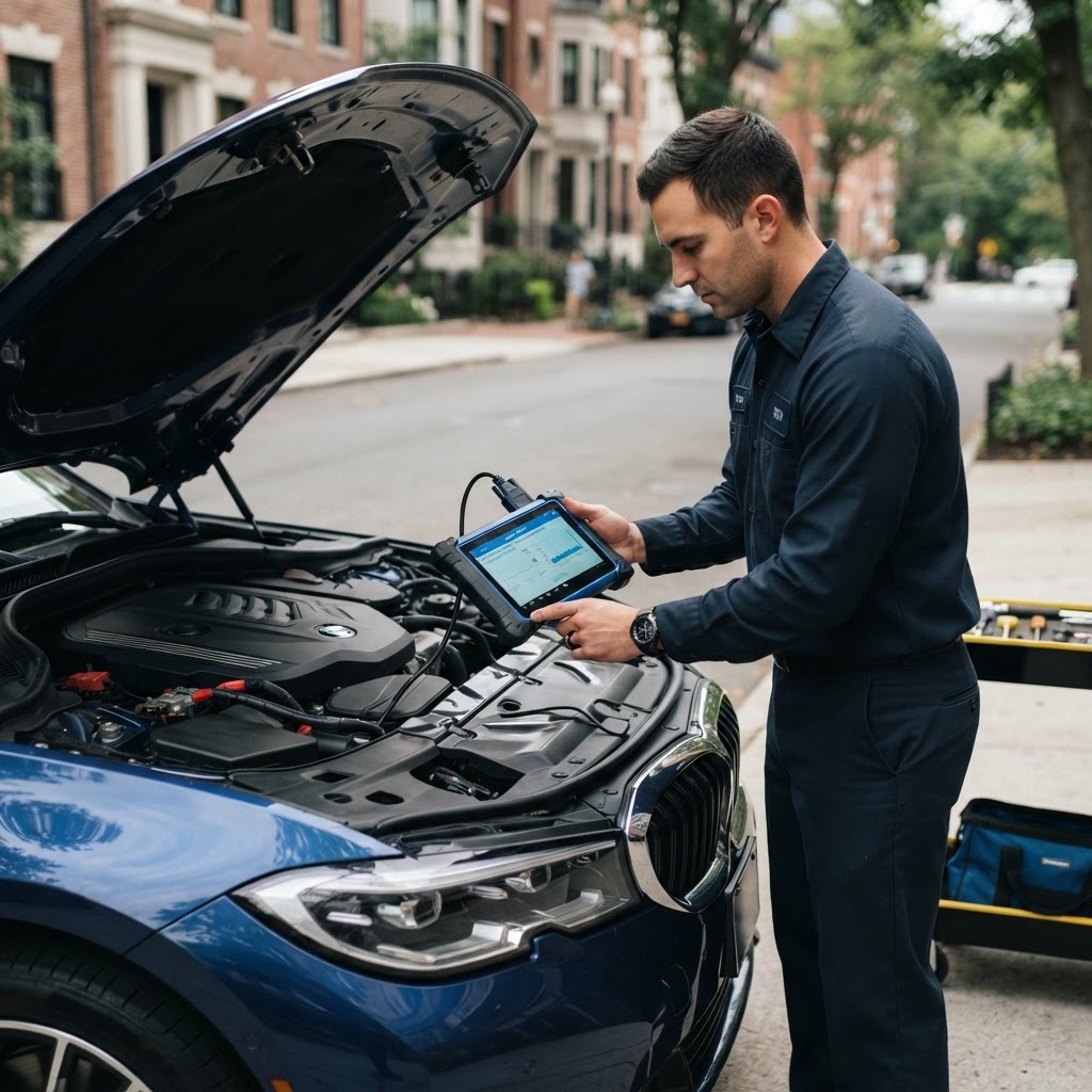Mobile automotive technician using a diagnostic scanner to register a new battery on a BMW with the hood open