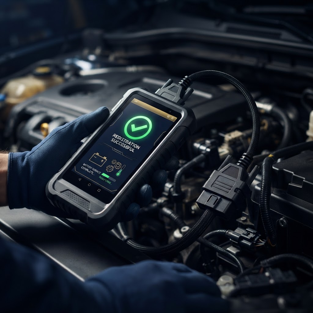 Close-up of a professional diagnostic scanner connected to a vehicle, showing a battery registration successful screen
