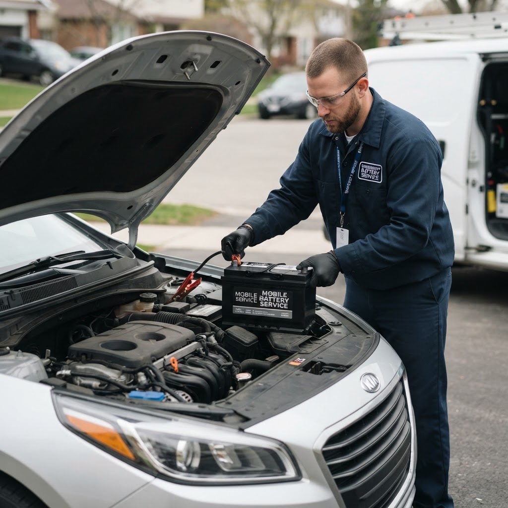 Mobile battery technician installing the correct battery for a vehicle