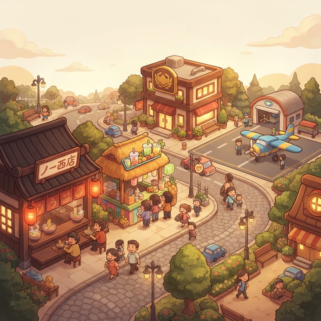 The Tycoon Games world: noodle shop, drink shop, franchise buildings, transport and roads
