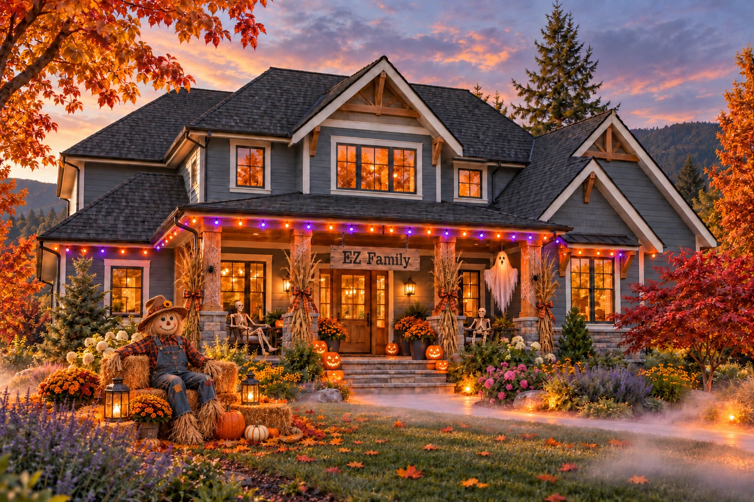 Element Zero Roofing — EZ Family craftsman home with charcoal shingle roof, slate-blue siding, and landscaped front yard in Southern Oregon