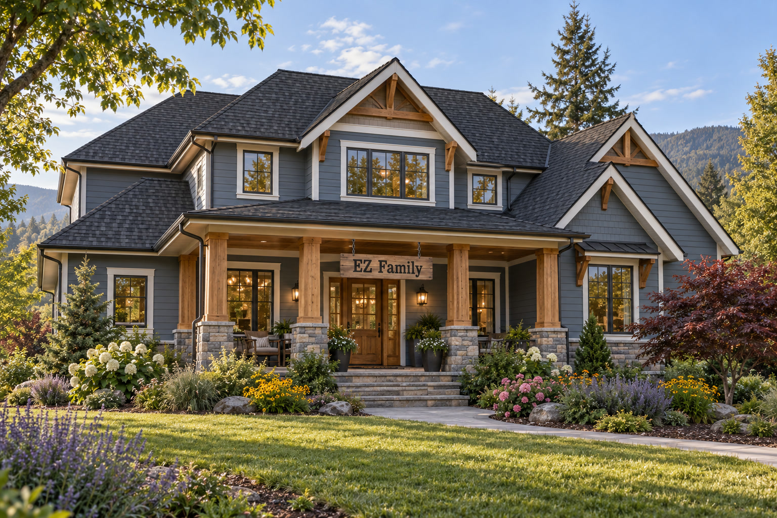 Element Zero Roofing — EZ Family craftsman home with charcoal shingle roof, slate-blue siding, and landscaped front yard in Southern Oregon