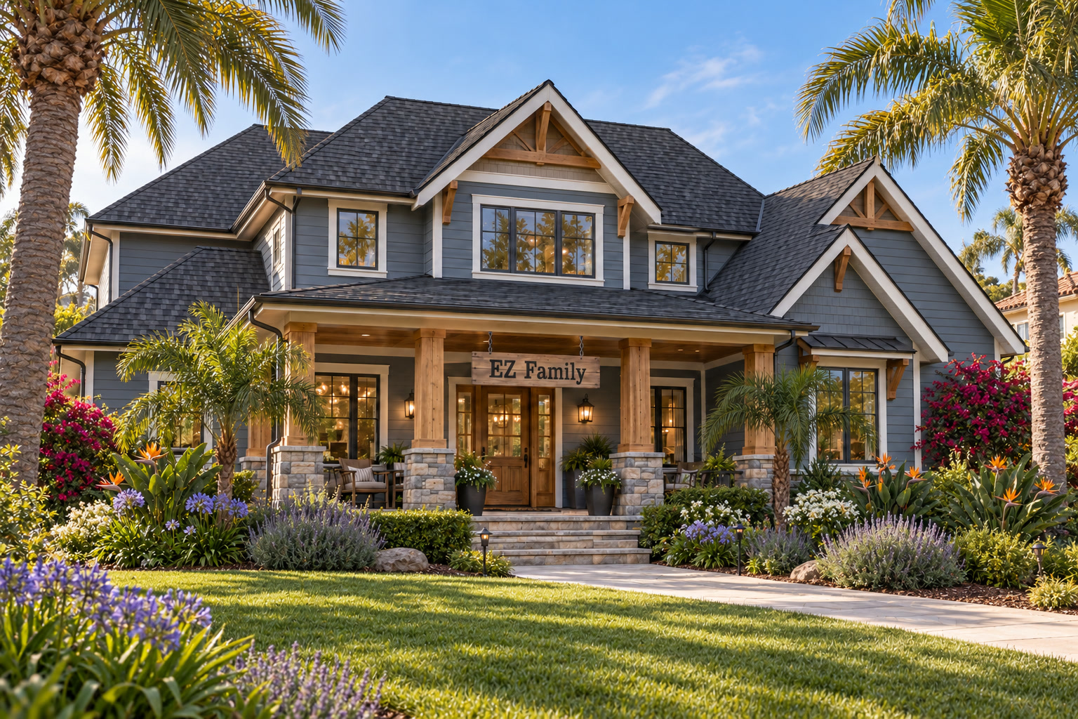 Element Zero Construction — Southern California coastal craftsman home with blue-gray siding, dark shingled roof, palm trees, and landscaped front yard