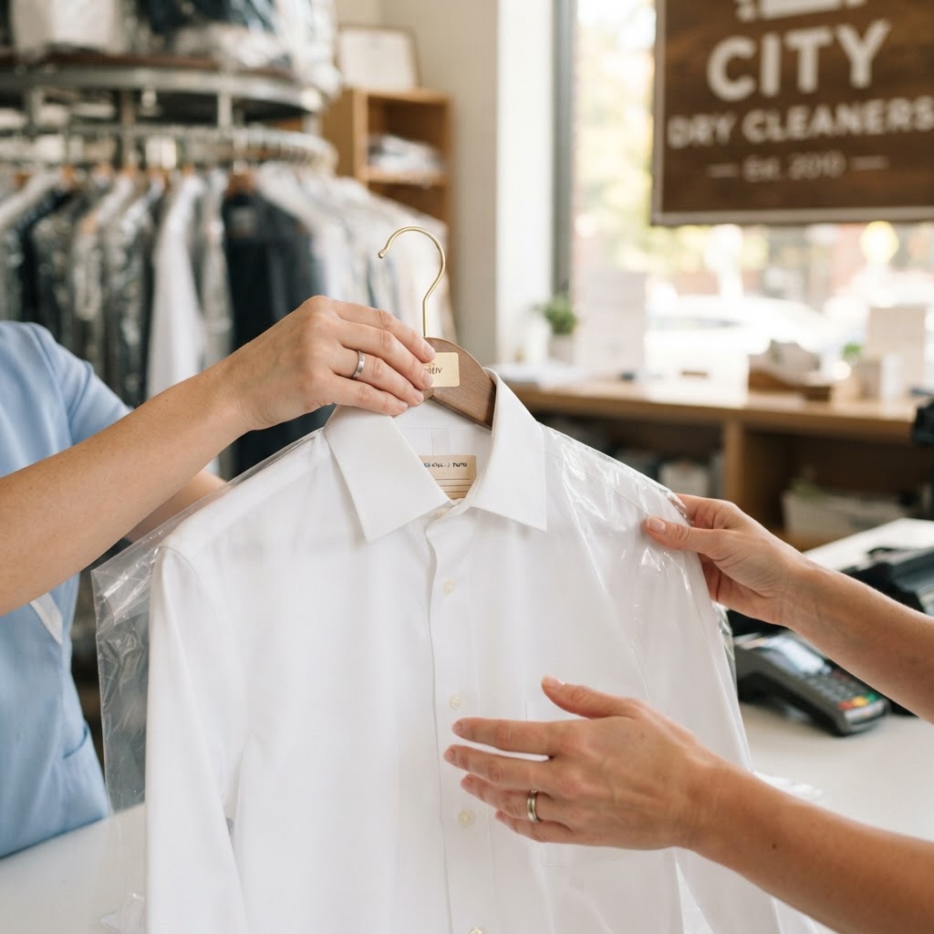 Dry cleaning worker handing freshly pressed shirts to a customer