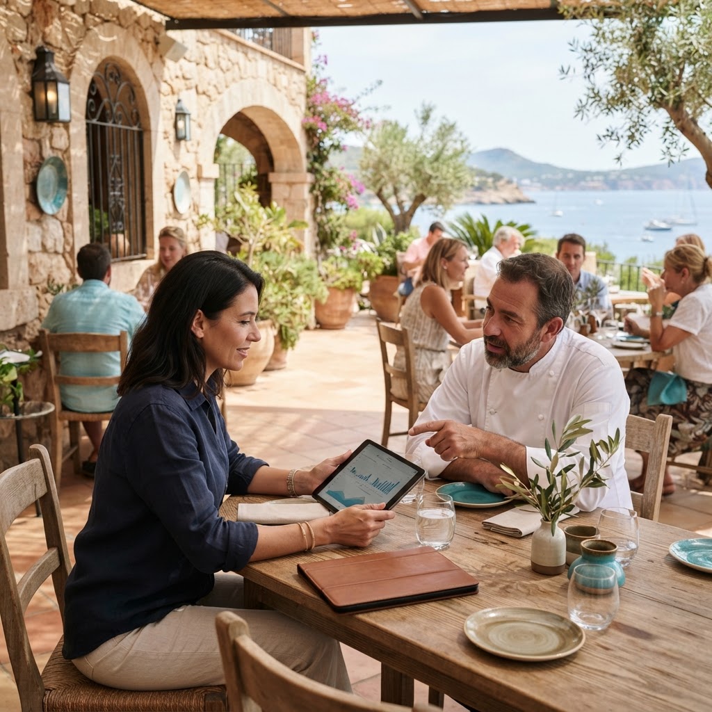 Escena ilustrativa de restaurantes, generada con IA