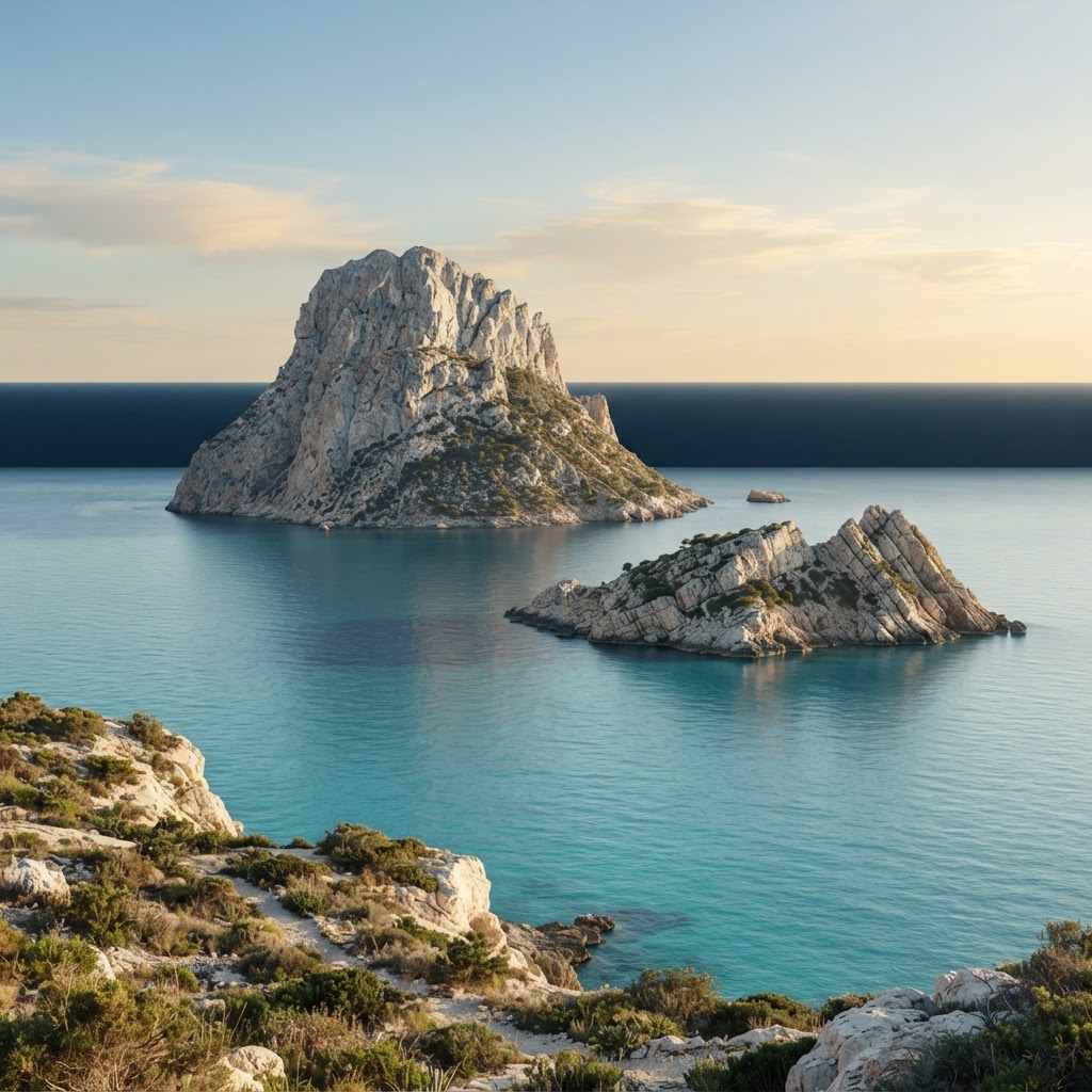Ilustración mediterránea de Es Vedrà y Es Vedranell, Ibiza