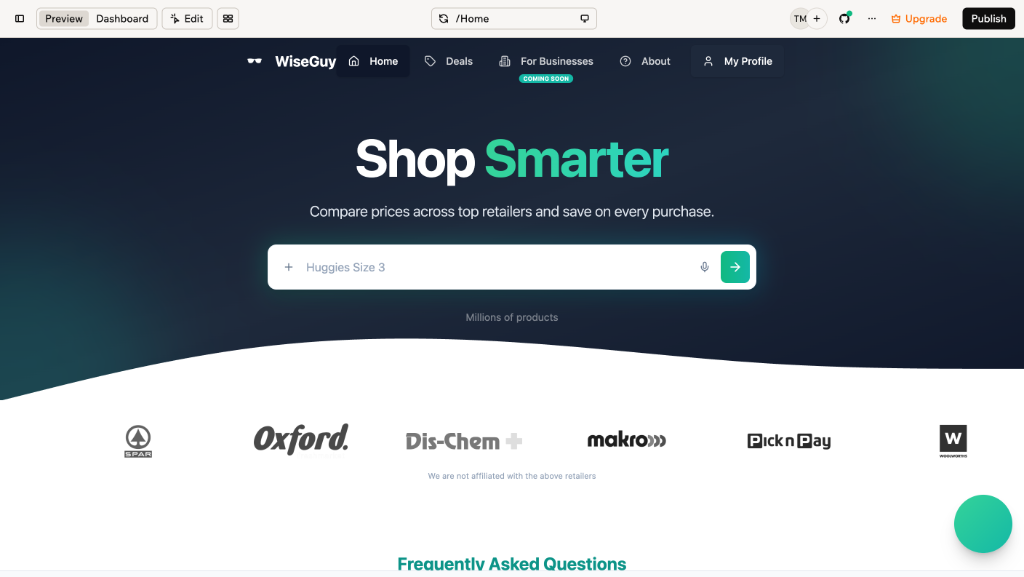 Wise Guy home page showing grocery price search