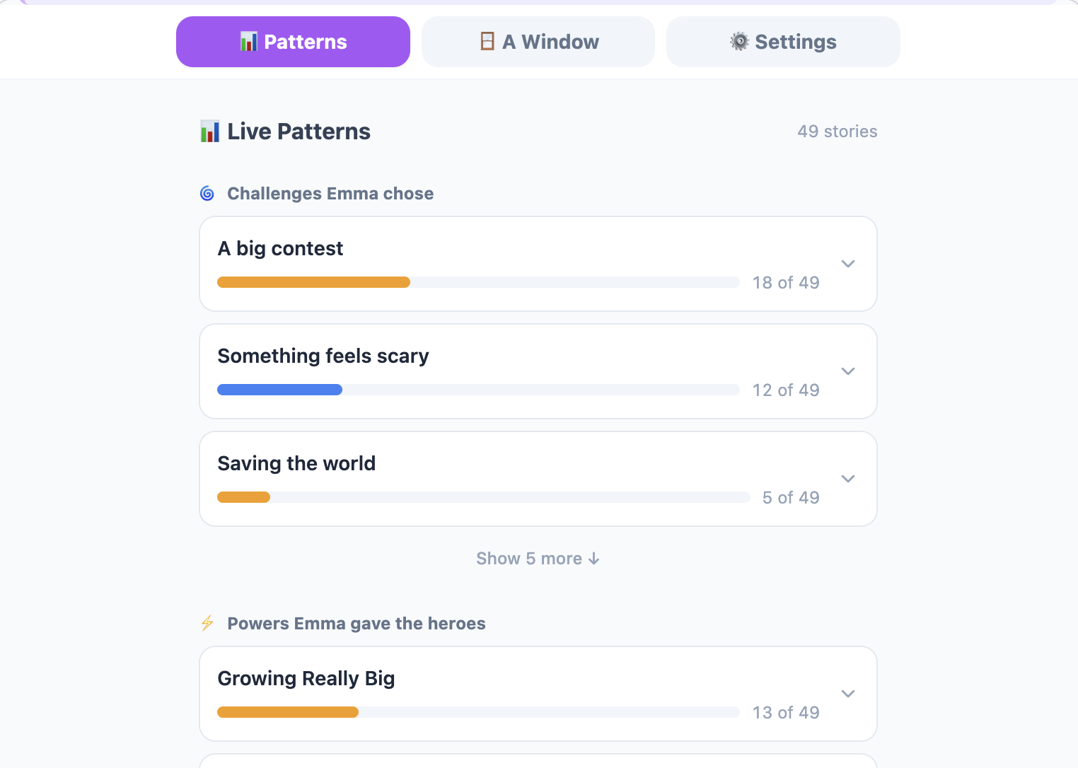 Live Patterns tab — challenges and powers across 49 stories