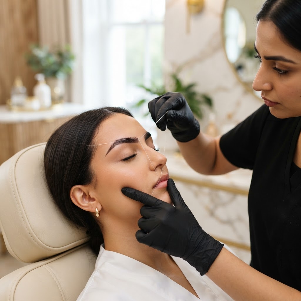 Professional eyebrow threading being performed on a woman in Dubai