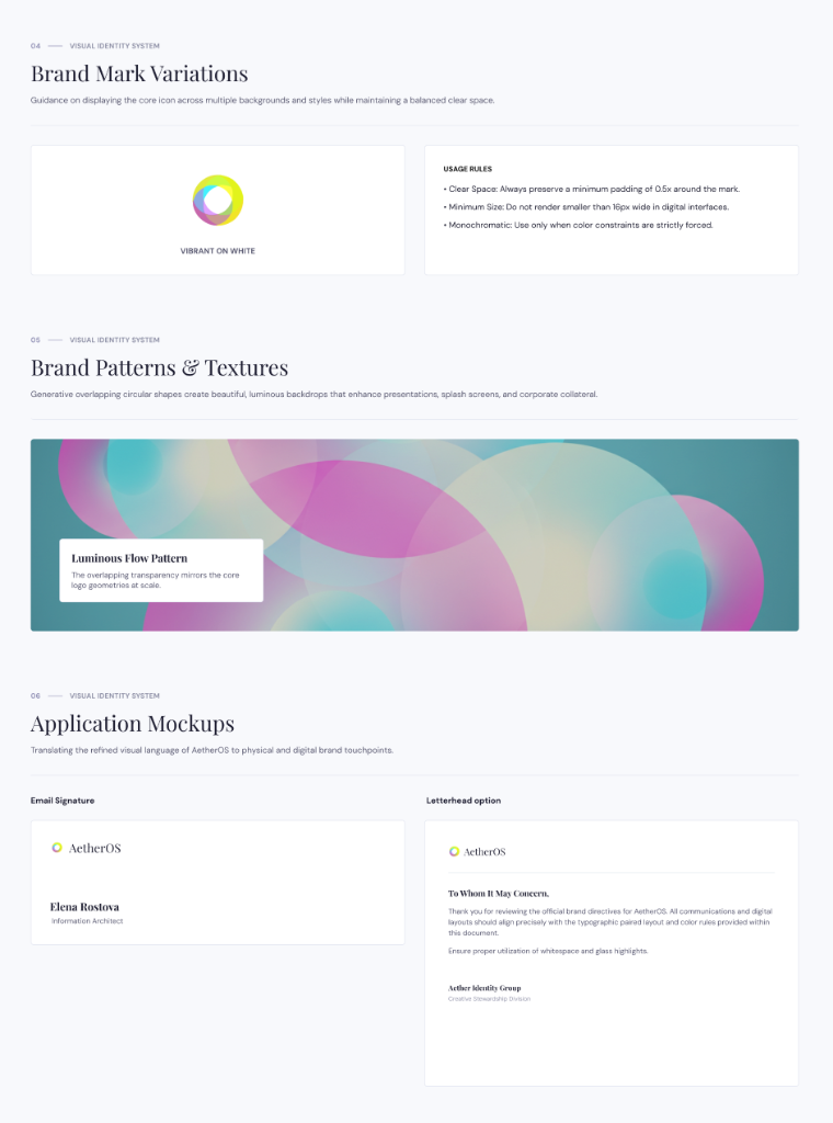 AetherOS brand mark variations, patterns, and application mockups