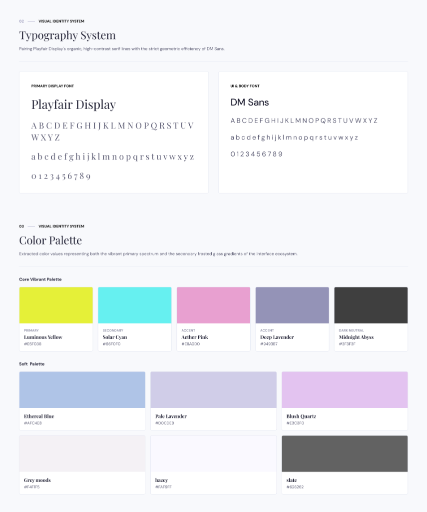 AetherOS typography specimens and color palette