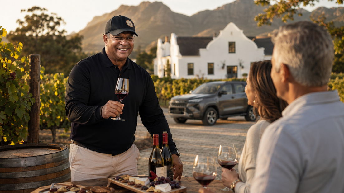 Donovan Shaw of Along the Shaws hosting guests on a private Cape Town wine tour, with personalised guiding, scenic Winelands surroundings and a relaxed premium travel experience.