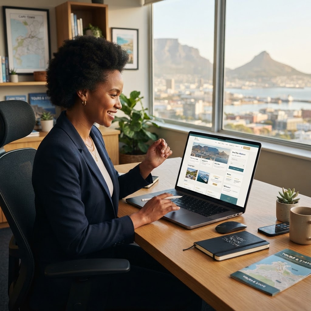 Cape Town tourism business owner reviewing a premium Social Fundi website design on a laptop, showing tour pages, booking enquiry flow, travel visuals and SEO-ready web design for tourism businesses in Cape Town.