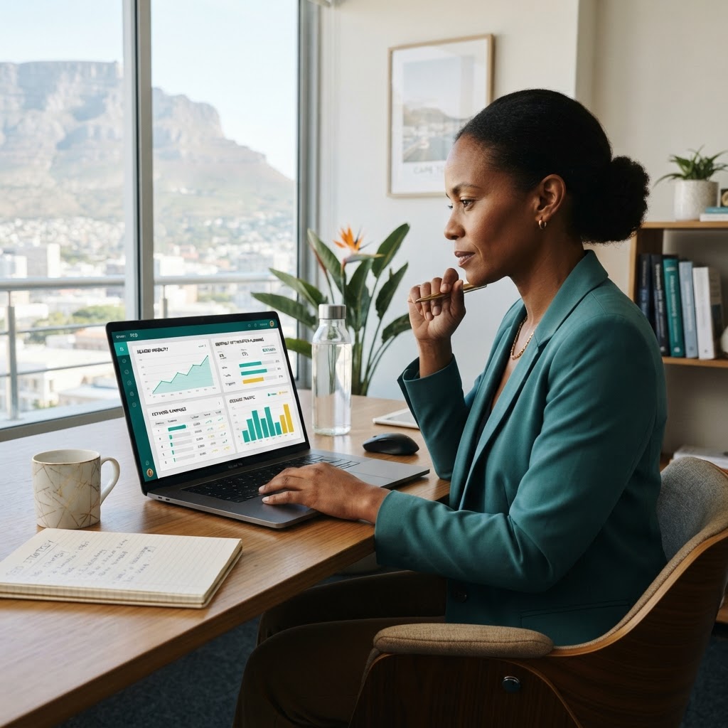 Cape Town business owner reviewing SEO services pricing, timelines and search visibility reports on a laptop, showing local SEO, technical SEO and monthly optimisation planning for a South African business website.