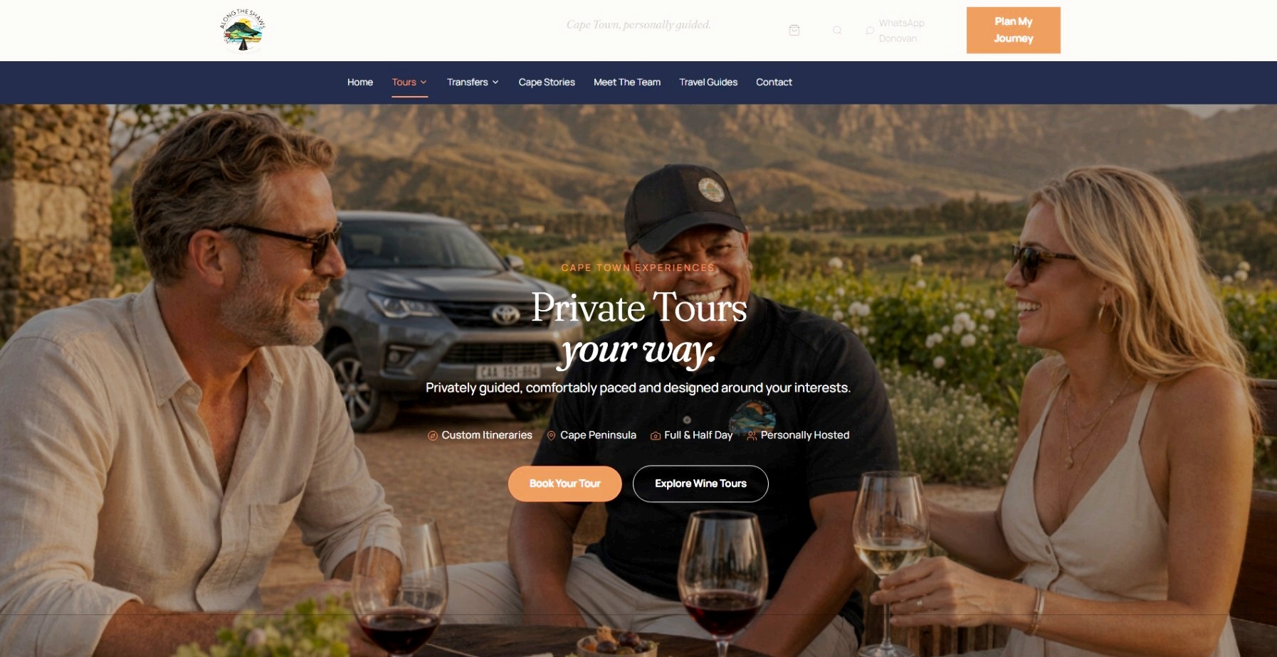 Donovan Shaw of Along the Shaws guiding guests on a private Cape Town wine tour — personalised hosting, scenic Cape Winelands vineyards, and a relaxed premium South African travel experience.