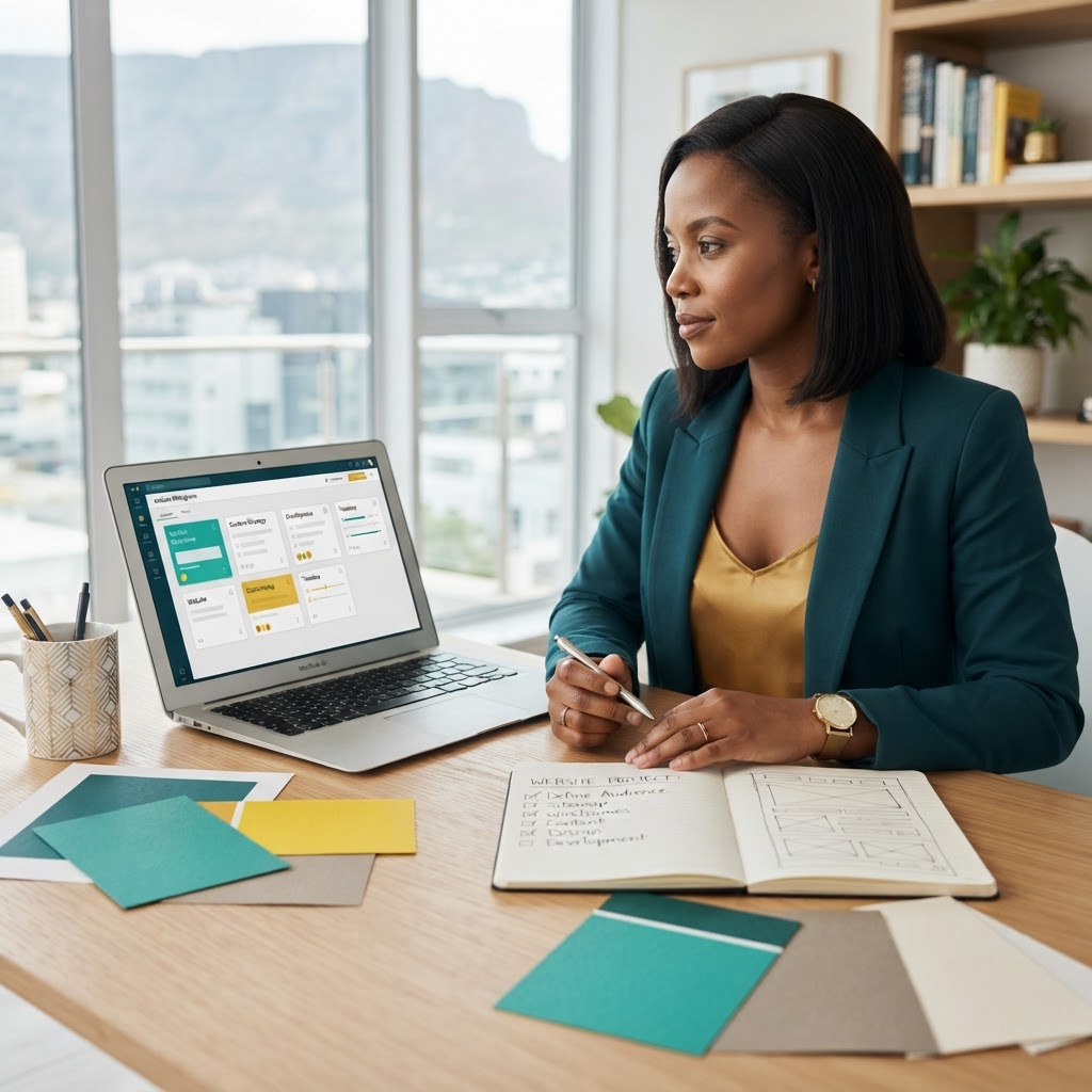 South African business owner preparing website goals, content, branding and budget before hiring a web designer, with a laptop showing website planning and design checklist for a professional business website.