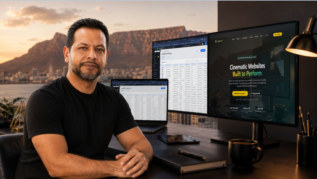 Brian Williams of Social Fundi in a Cape Town workspace with dual monitors displaying website development and programme management dashboards for web design, SEO and digital strategy.