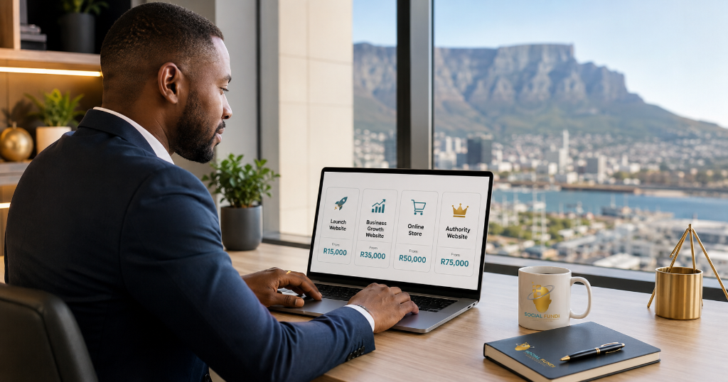 South African business professional reviewing Social Fundi business website cost packages on a laptop in a Cape Town office, showing launch website, business growth website, online store and authority website pricing for SEO-ready web design in South Africa.