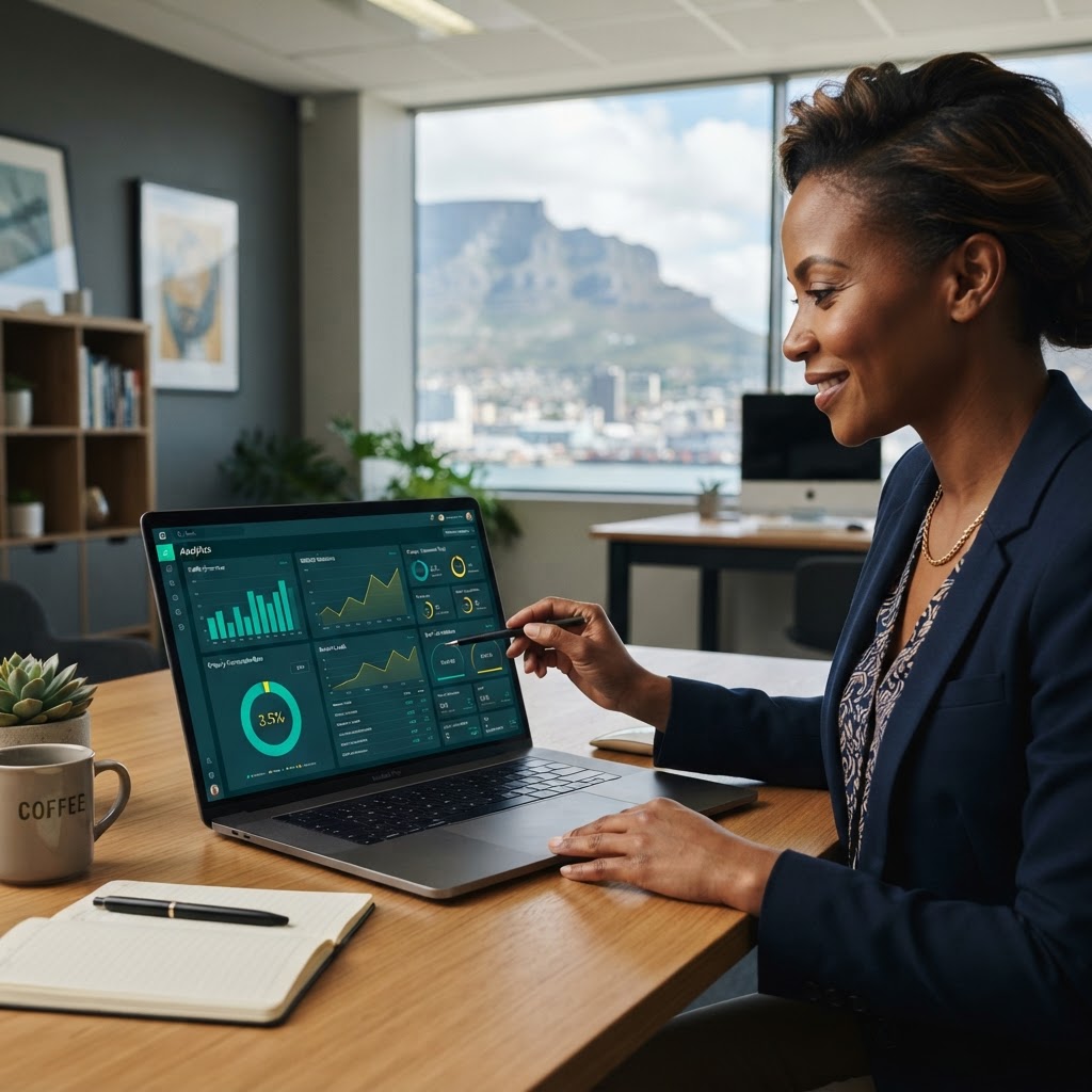 South African business owner analysing website traffic and lead enquiries on a laptop, showing why a website gets traffic but no leads and how conversion-focused web design improves enquiries.