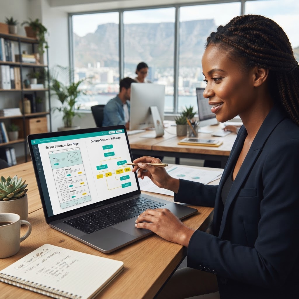 South African business owner comparing a one-page website vs full website on a laptop, showing website structure, SEO visibility, lead generation and business growth planning for a professional website.