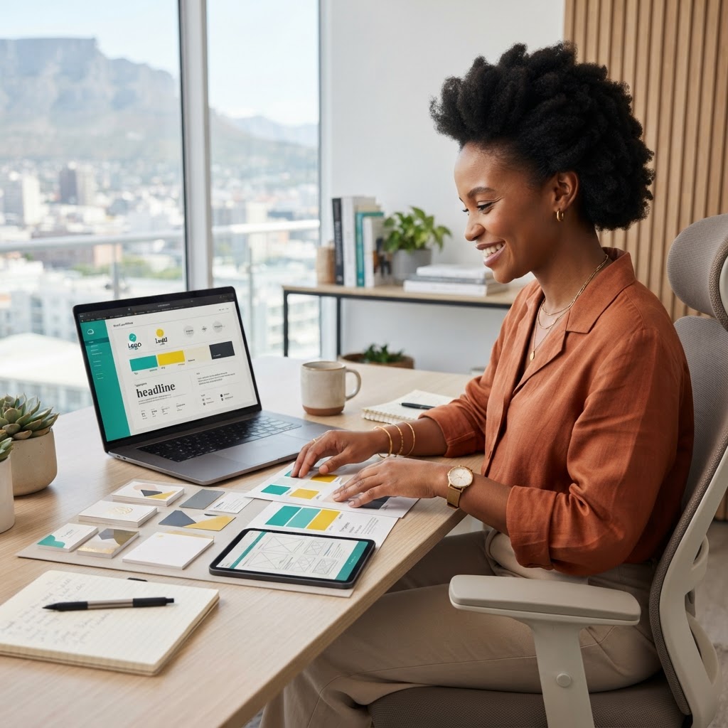 Cape Town business owner reviewing a professional brand identity system with logo design, colour palette, typography, stationery and website branding elements for a consistent South African business identity.