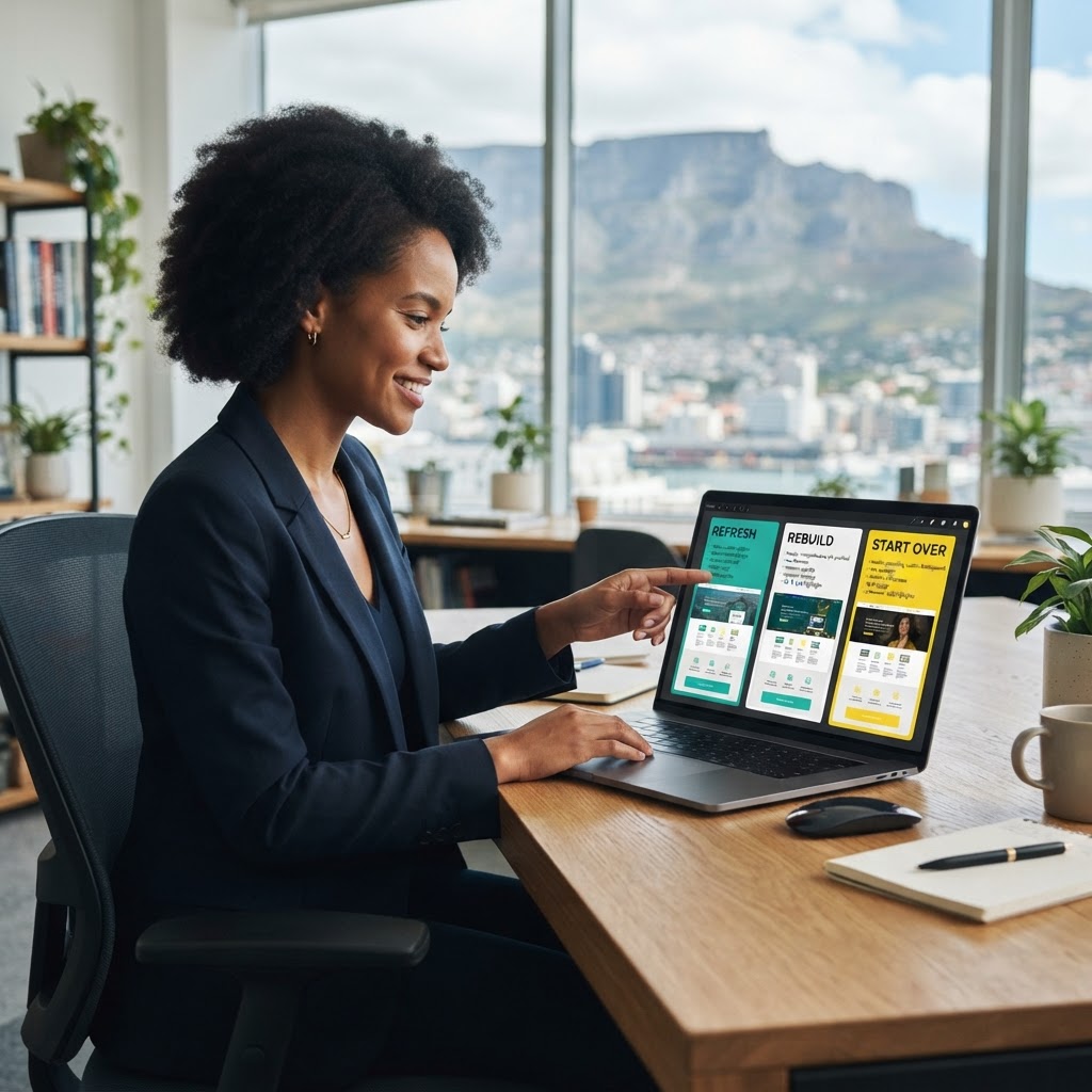 Cape Town business owner reviewing an outdated website redesign plan on a laptop, comparing website refresh, rebuild and start-over options for SEO-ready web design and stronger business enquiries.