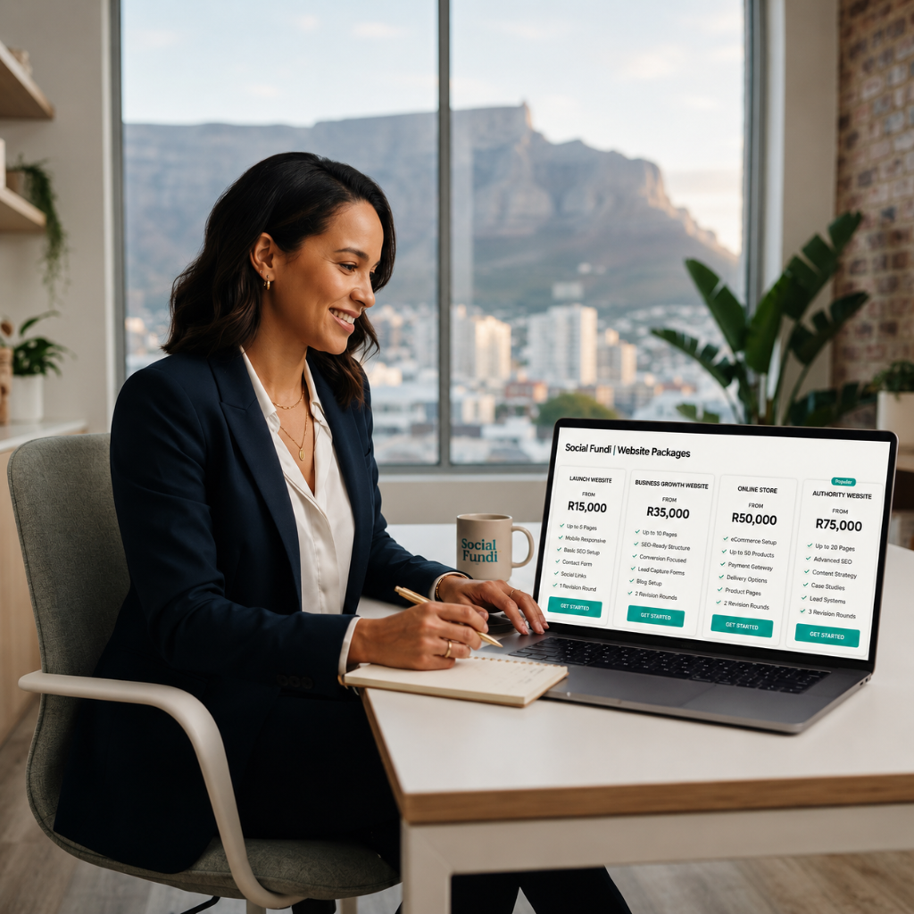 Cape Town business owner reviewing Social Fundi website design packages on a laptop showing pricing for launch websites, business growth websites, ecommerce stores and authority websites