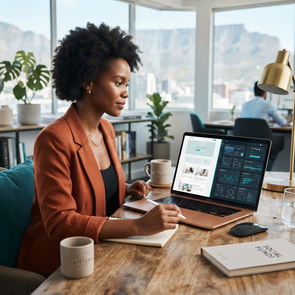 South African business owner comparing Wix vs Base44 on a laptop, showing website builder options, custom digital systems, quote engines, ecommerce and SEO-ready platform planning for a business website.