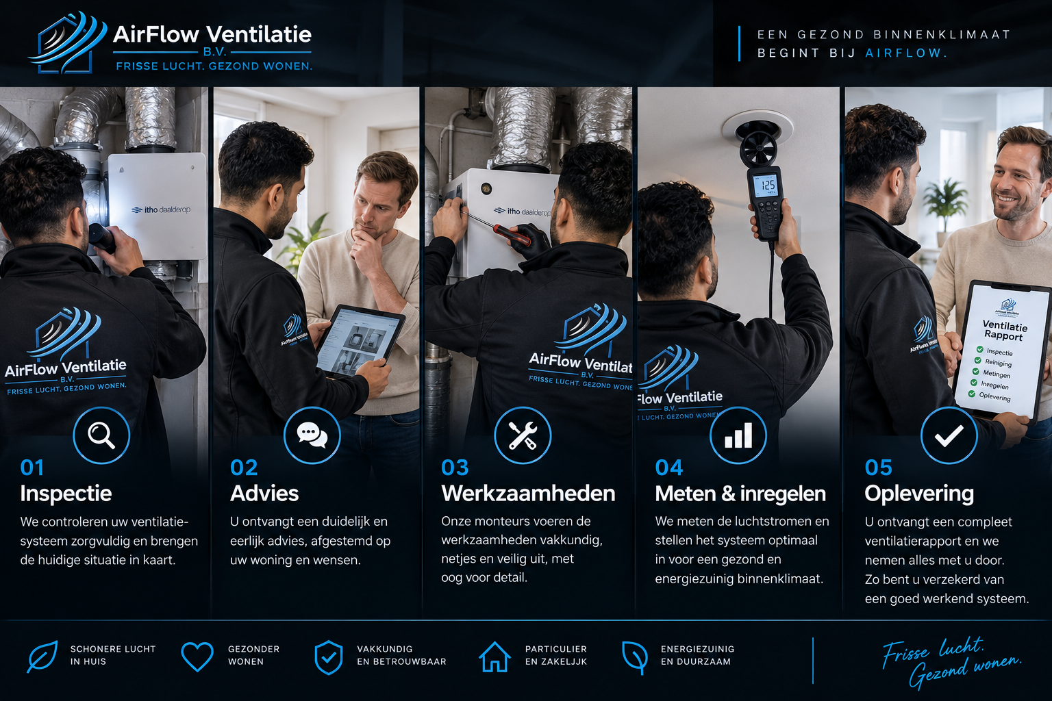 Zo werken wij: Inspectie, Advies, Werkzaamheden, Meten & inregelen en Oplevering