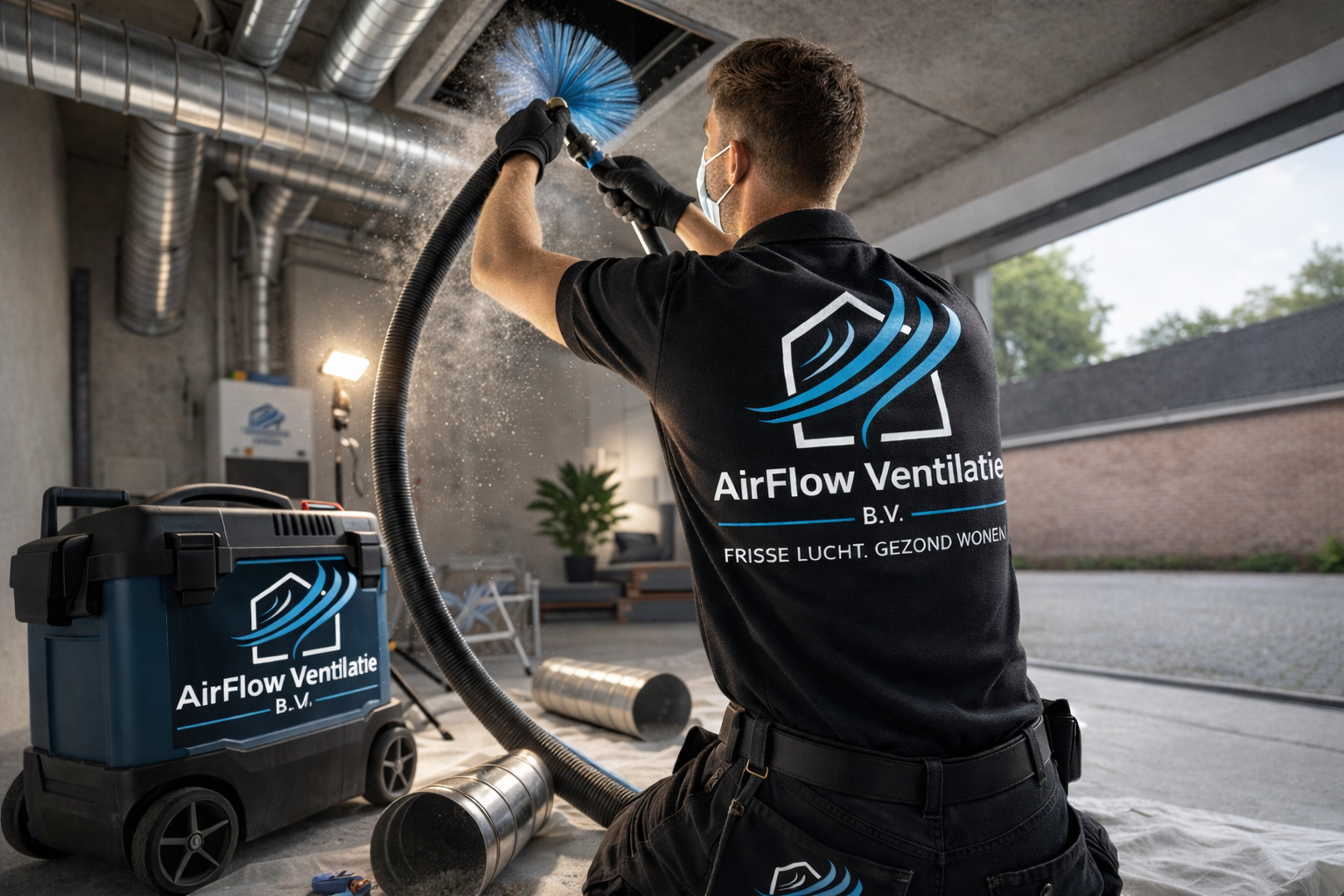 AirFlow monteur reinigt luchtkanalen op locatie