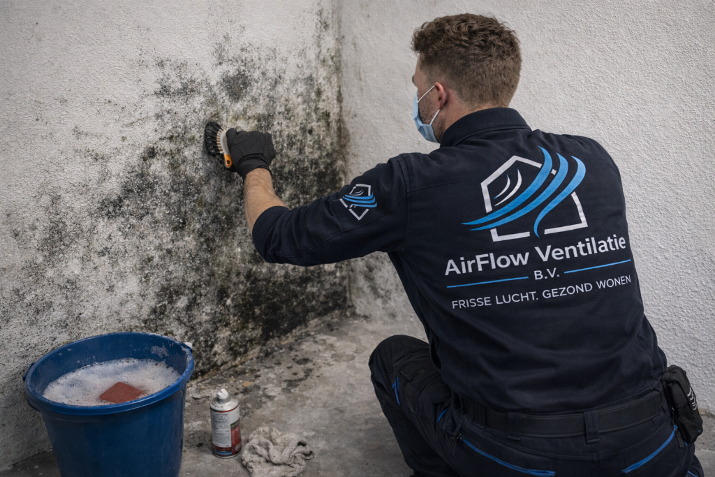 AirFlow monteur verwijdert professioneel schimmel van muur