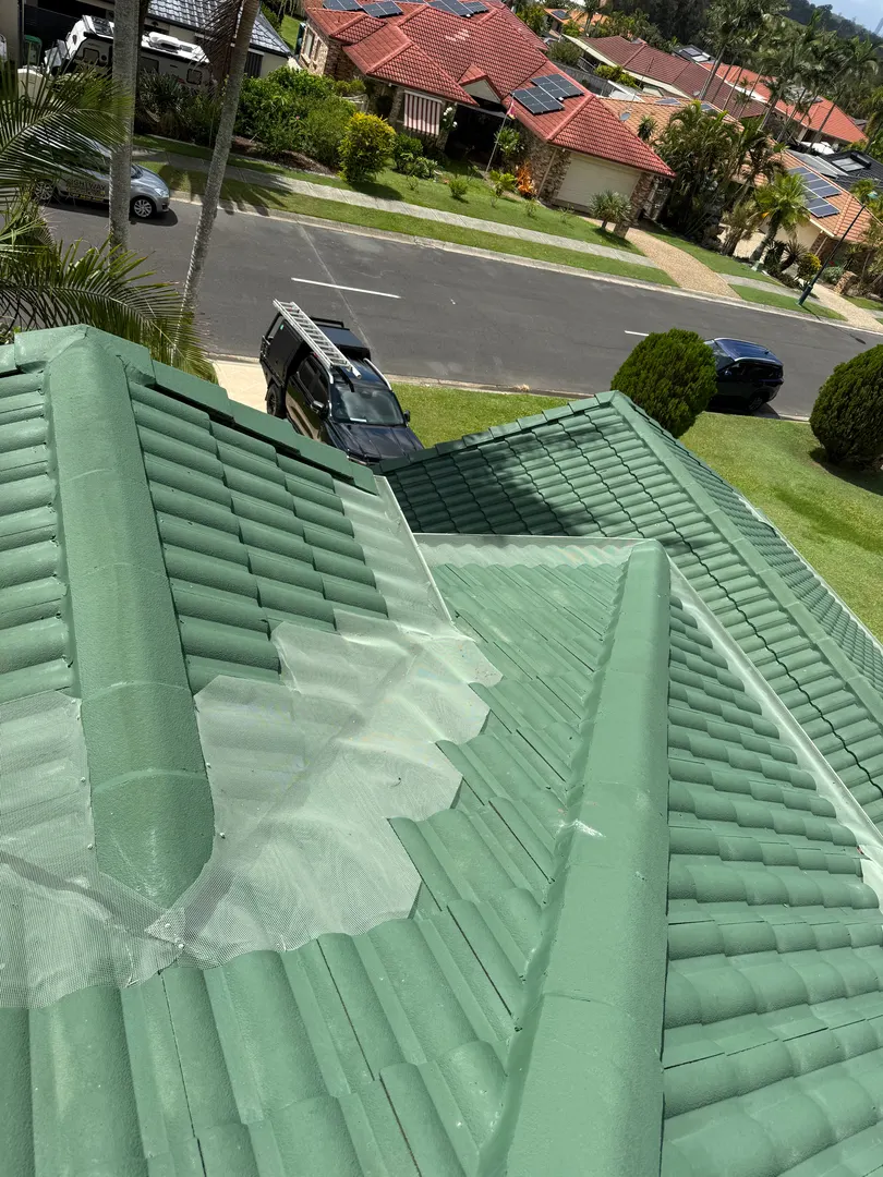 Close up of green roof tiles after cleaning and painting