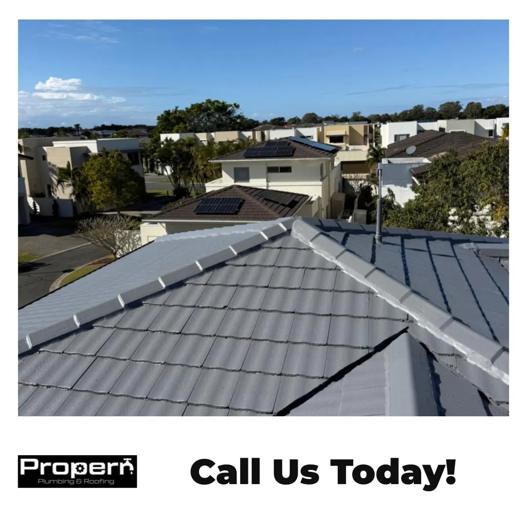 Grey tile roof painted by Properr with neighbouring Gold Coast homes behind