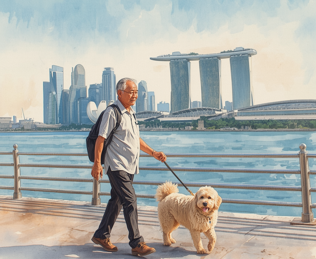 An elderly man walks his dog along the waterfront with Singapore's skyline in the background