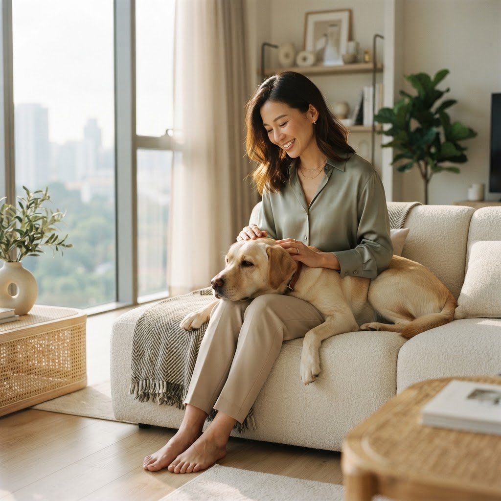 A woman with her dog in a modern apartment — Pet Culture Asia
