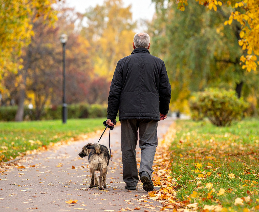 A senior man walks his dog along a leaf-covered autumn path
