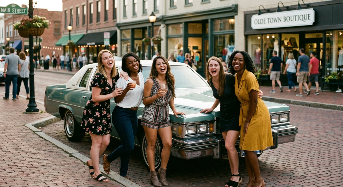 1975 Cadillac Coupe deVille in Dunbarten Green with a group of women on a brick street