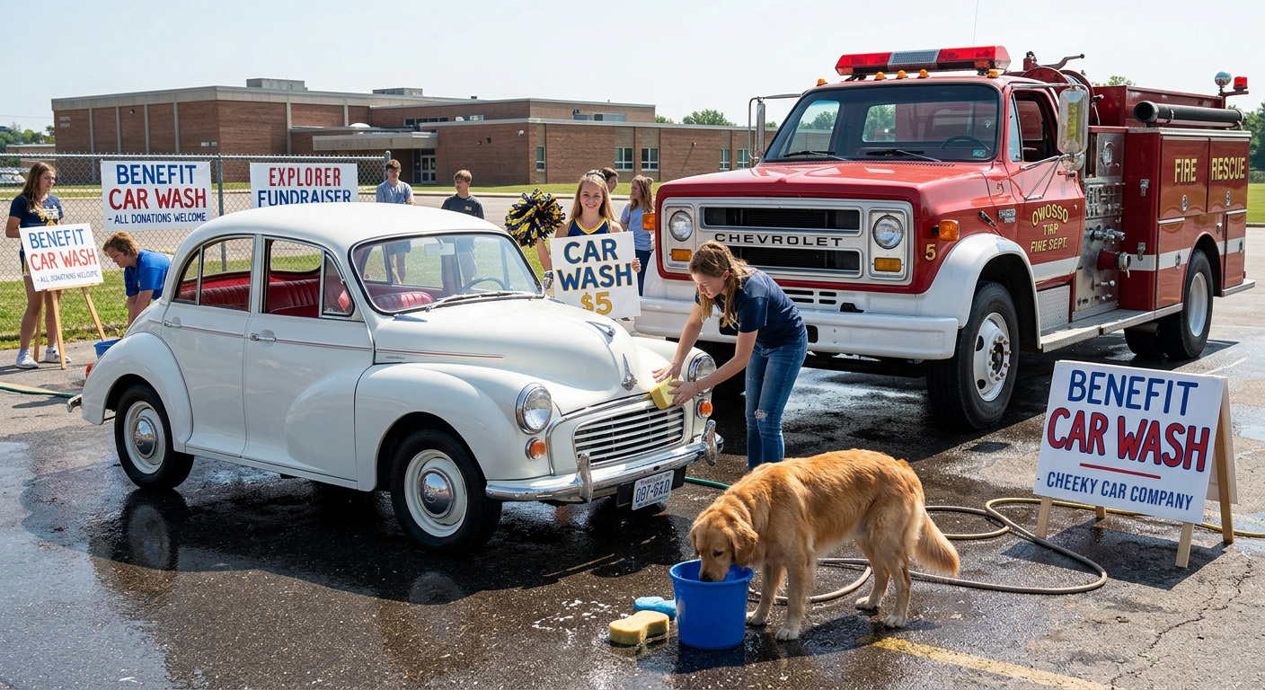 Vintage red Chevrolet fire engine retired and parked on an asphalt lot beside a Morris