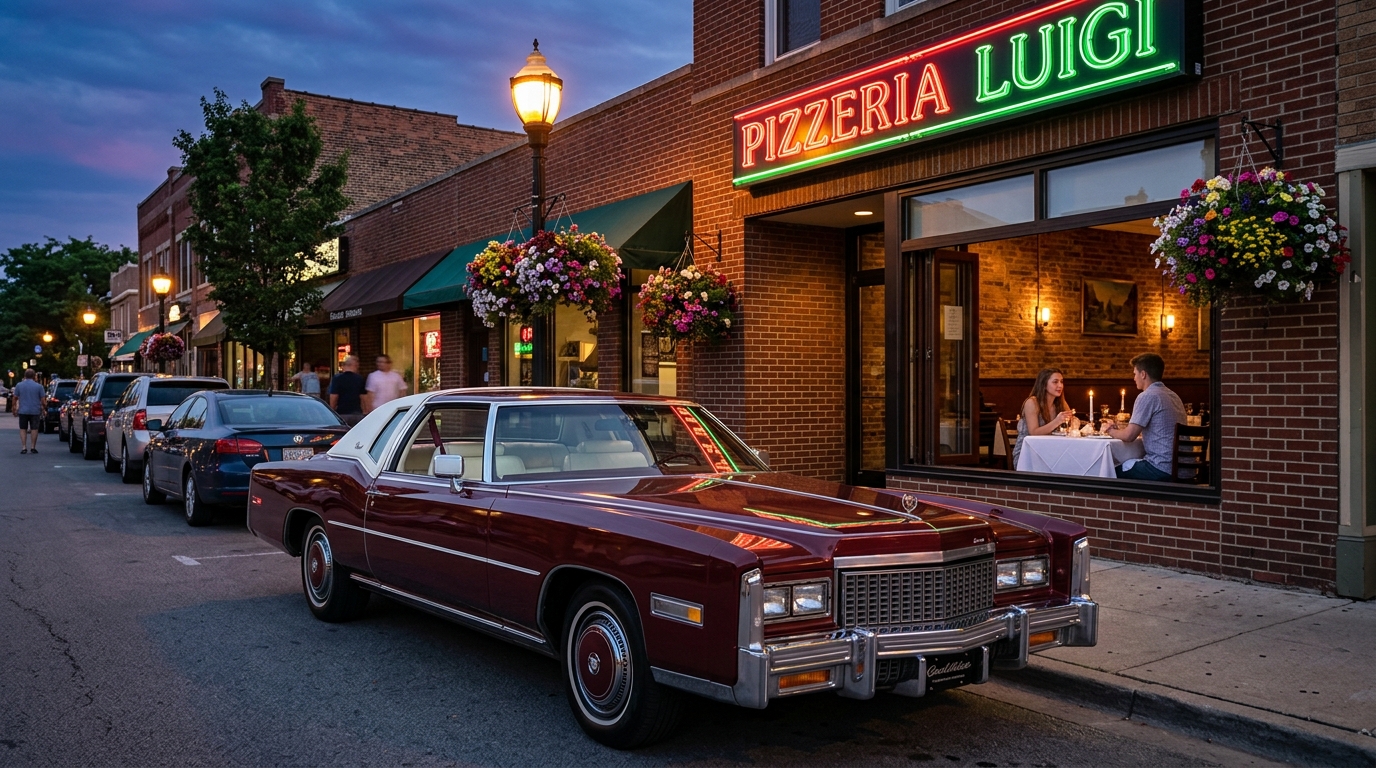 1977 Cadillac Eldorado in Damson Plum Firemist parked at dusk in front of a pizzeria
